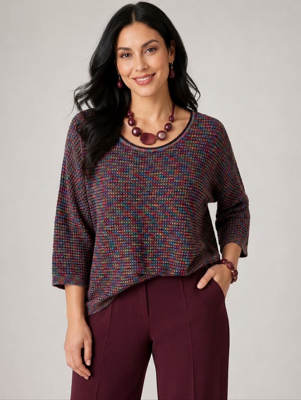 Lauren Michelle Crew Neck 3/4 Sleeve Burgundy Sweater